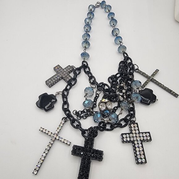 Statement Gothic Inspired Multi Rhinestone Cross Necklace - Picture 5 of 10